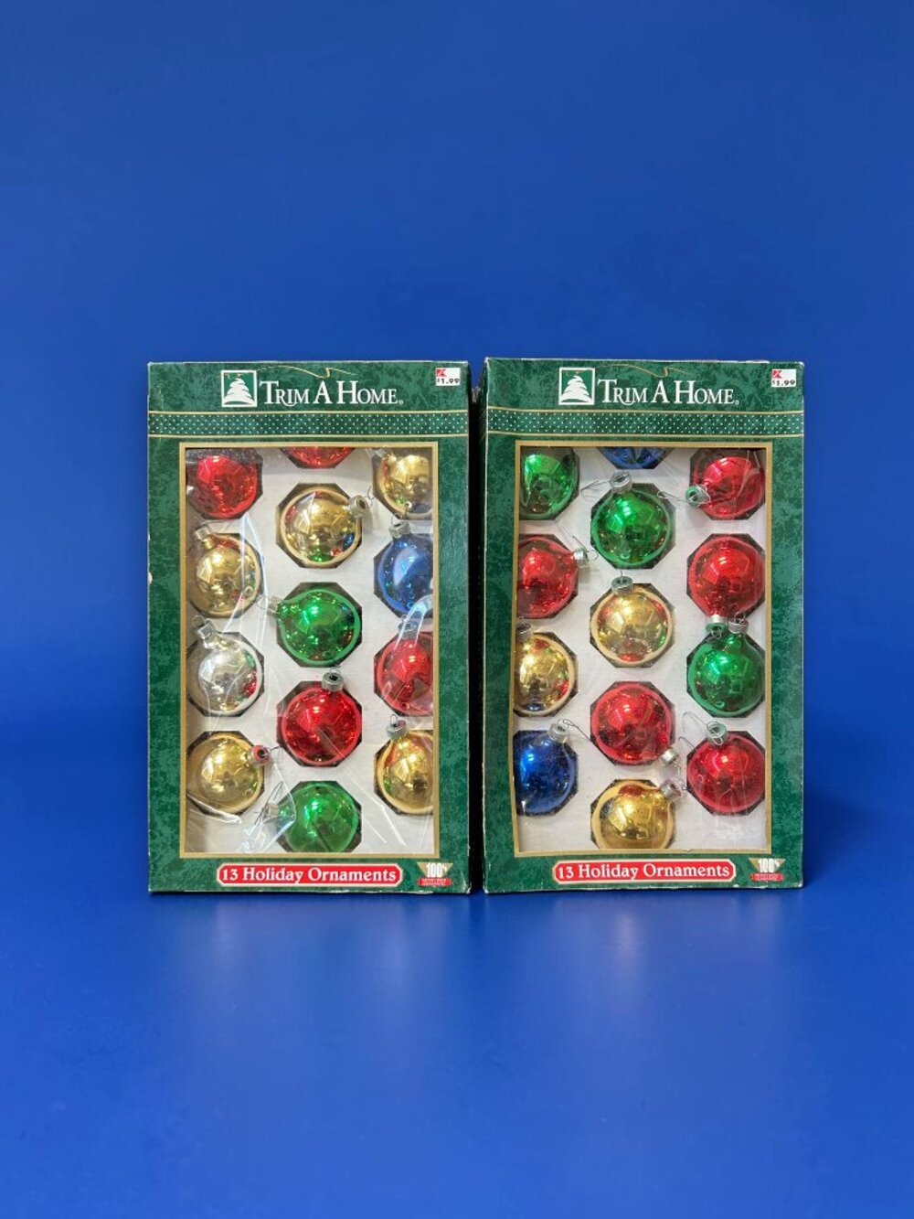 VINTAGE Trim A Home Kmart 26 Glass Christmas Ornaments 2.25" Blue Red Gold Green